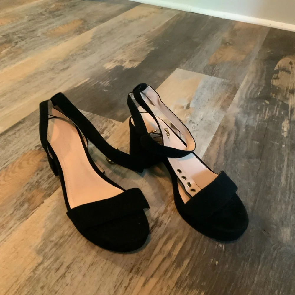 Coach Black Suede Ankle-Strap Block Heel Sandals with Gold Buckle Size 9